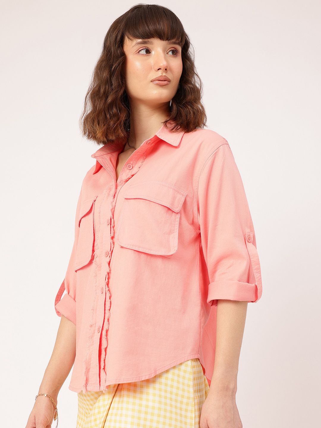 DressBerry Everyday Utility Roll-Up Sleeves Fringed Placket Pockets Shirt