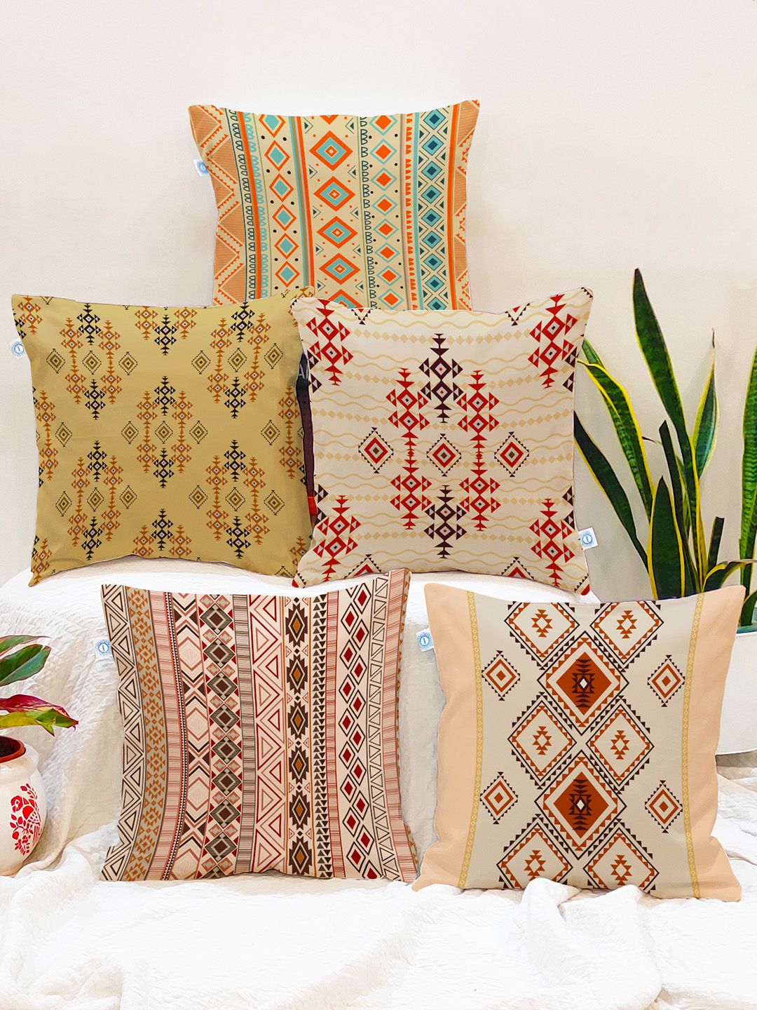 STITCHNEST Brown & Turquoise Blue Set of 5 Ethnic Motifs Square Cushion Covers