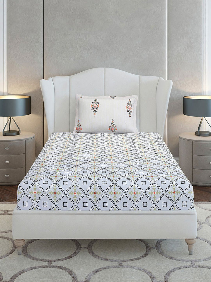 Monte Carlo Grey & White Ethnic Motifs Cotton 144 TC Single Bedsheet Set-2.29 m x 1.52 m