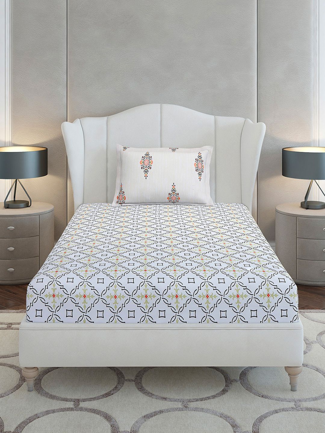 Monte Carlo Grey & White Ethnic Motifs Cotton 144 TC Single Bedsheet Set-2.29 m x 1.52 m