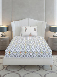 Monte Carlo Grey & White Ethnic Motifs Cotton 144 TC Single Bedsheet Set-2.29 m x 1.52 m