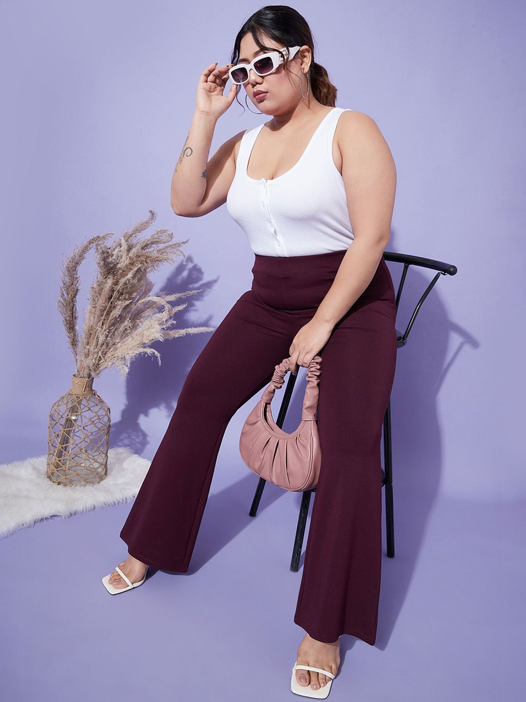SASSAFRAS Curve Women  4-Way Stretch Bell Bottom High-Rise Trousers