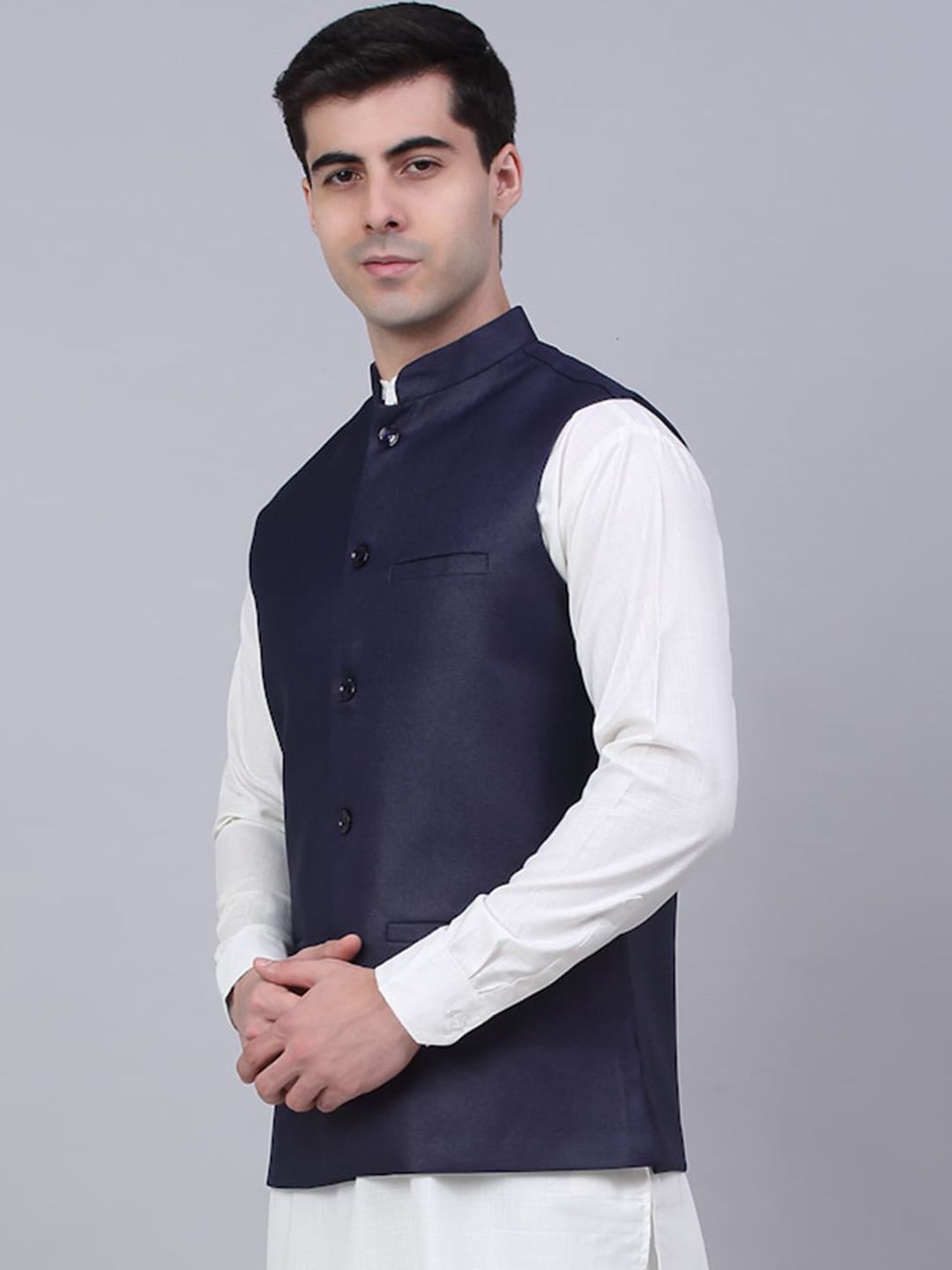 Jompers Men Navy Blue Solid Nehru Jacket