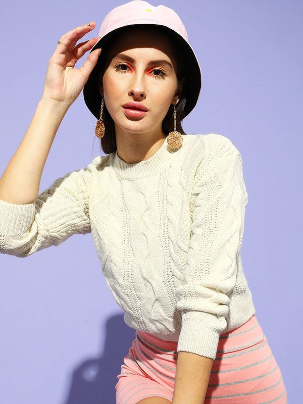 STREET 9 Women Cream-Coloured Acrylic Cable Knit Pullover Sweater