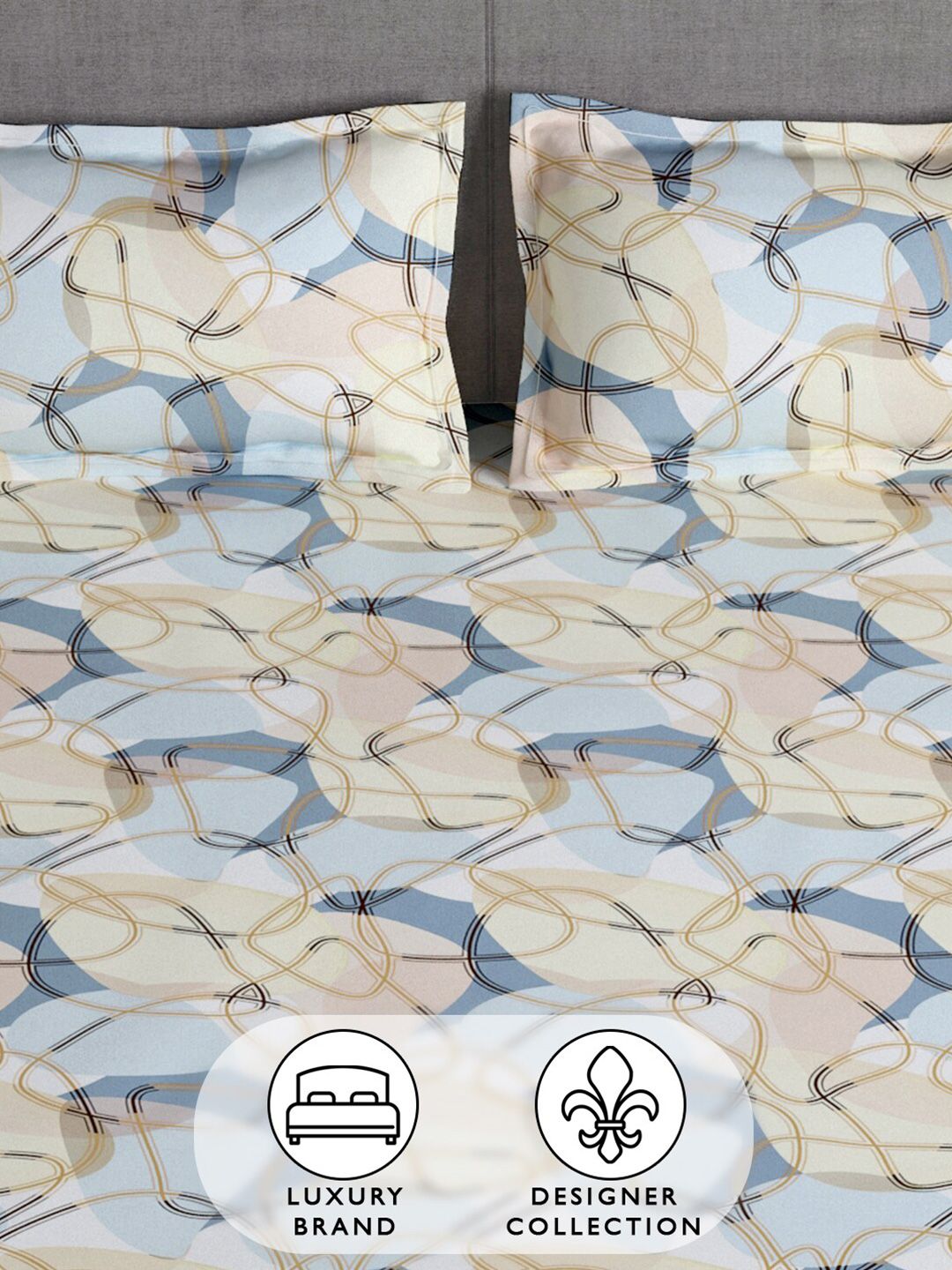 Story@home Cream & Blue Geometric 180 TC Queen Bedsheet with 2 Pillow Covers