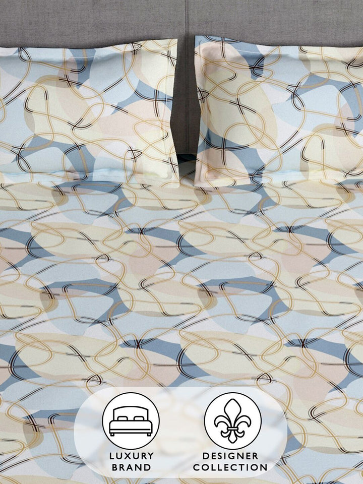 Story@home Cream & Blue Geometric 180 TC Queen Bedsheet with 2 Pillow Covers