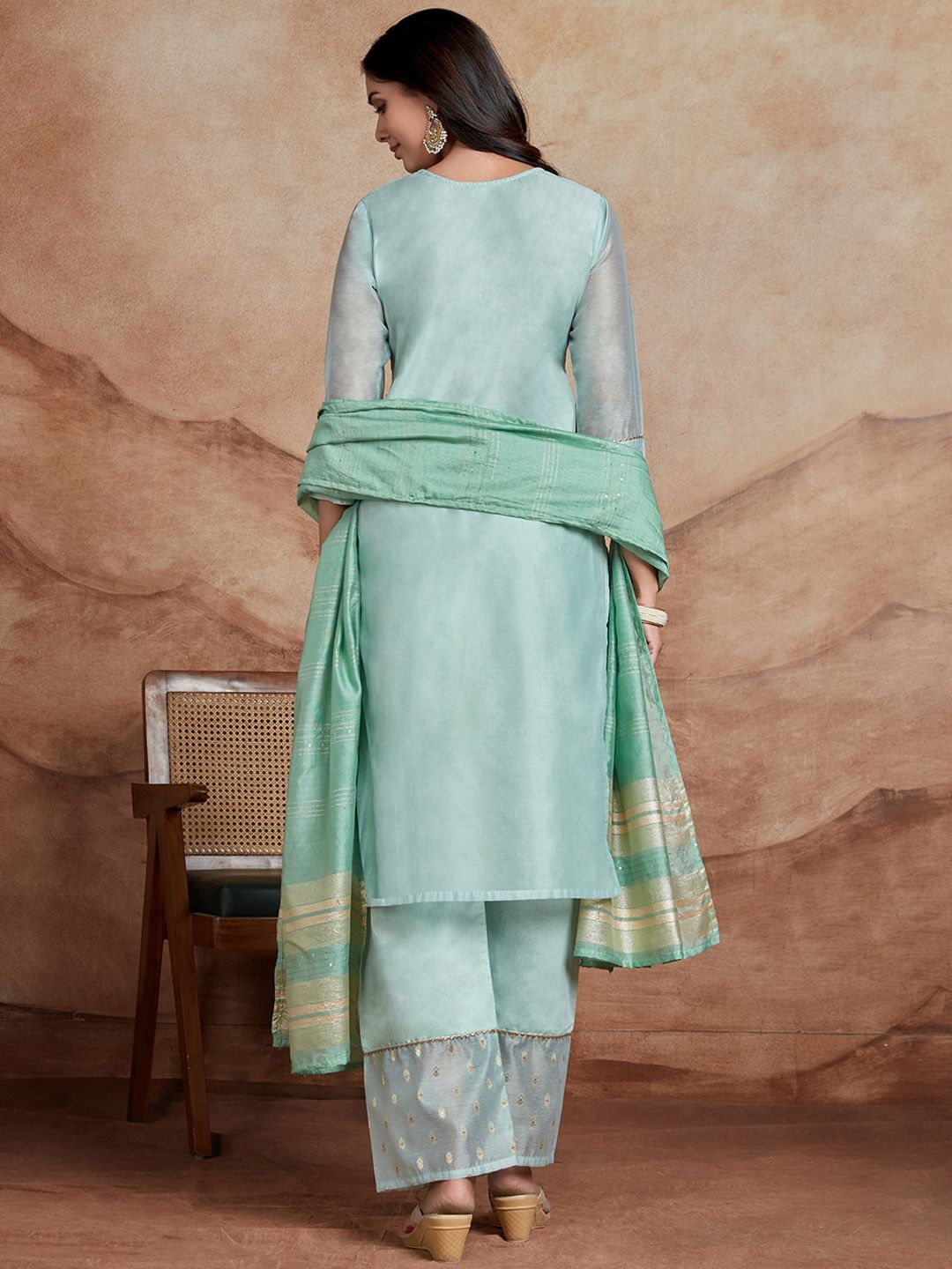 KALINI Ethnic Motifs Embroidered Sequinned Chanderi Silk Kurta with Palazzos & Dupatta