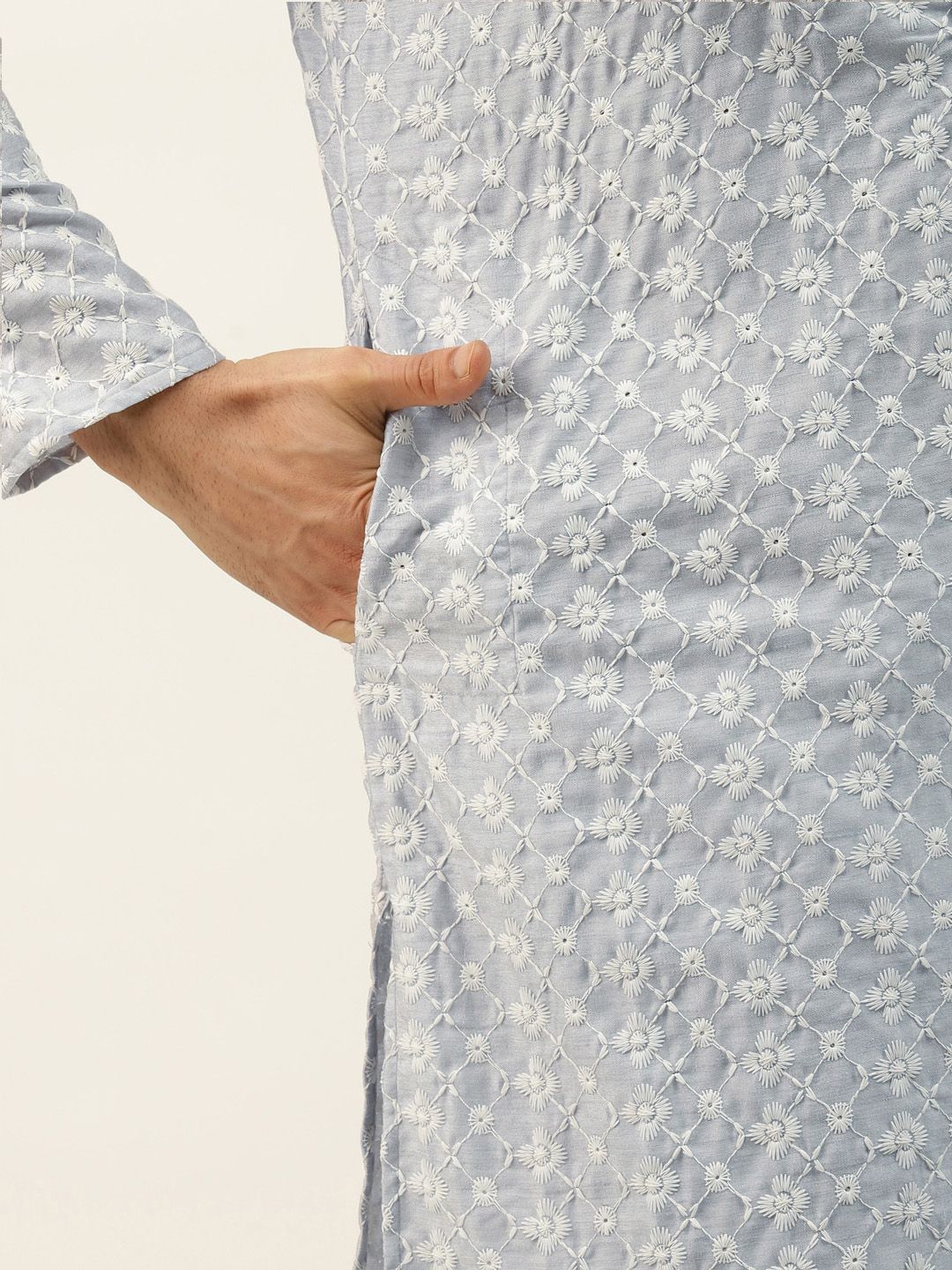 SOJANYA Kurta Bersulam Chikankari Kelabu Lelaki dengan Jaket Churidar & Nehru