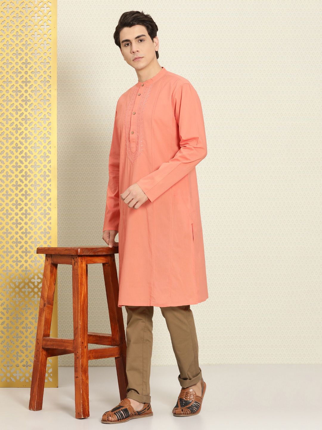 House of Pataudi Men Chikankari Yoke Design Pure Cotton Rozana Kurta