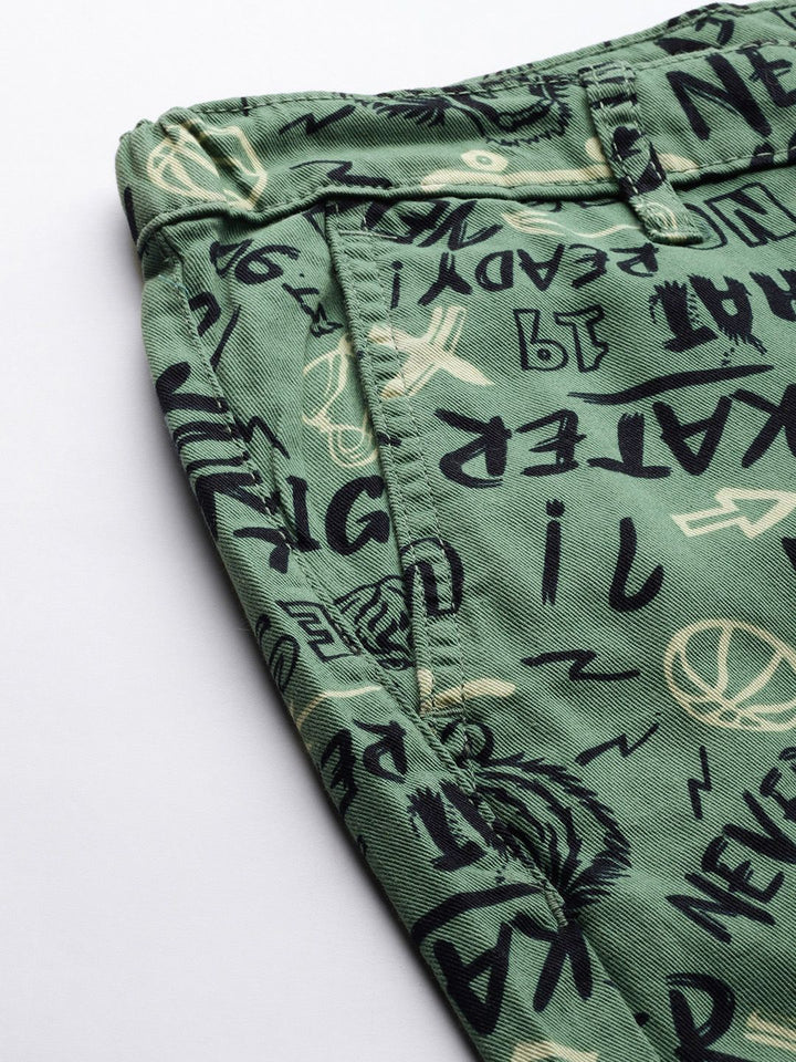 The Indian Garage Co Men Olive Green Printed Slim Fit Denim Shorts