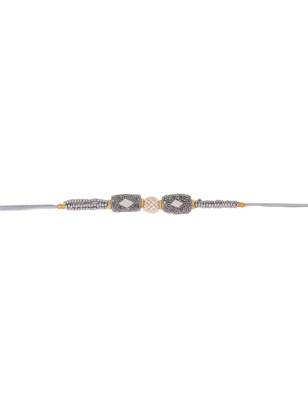 Voylla Unisex Silver Beaded and Pearls Rakhi with Roli Chaawal Pack