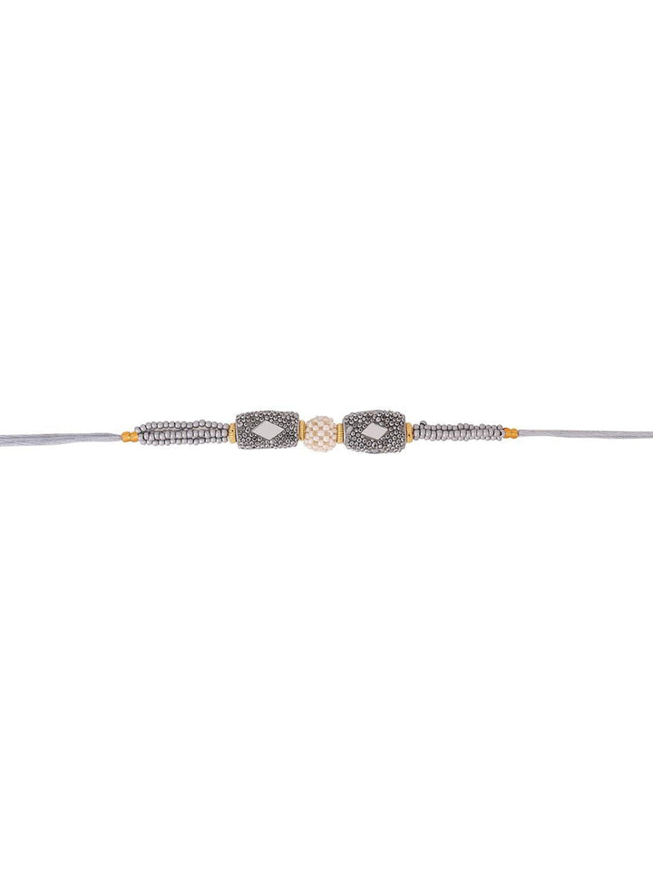 Voylla Unisex Silver Beaded and Pearls Rakhi with Roli Chaawal Pack