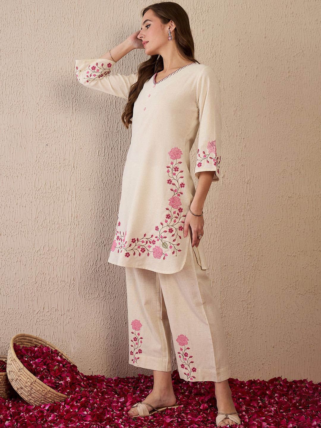 Indo Era Women Floral Embroidered Regular Thread Work Pure Cotton Kurta with Palazzos