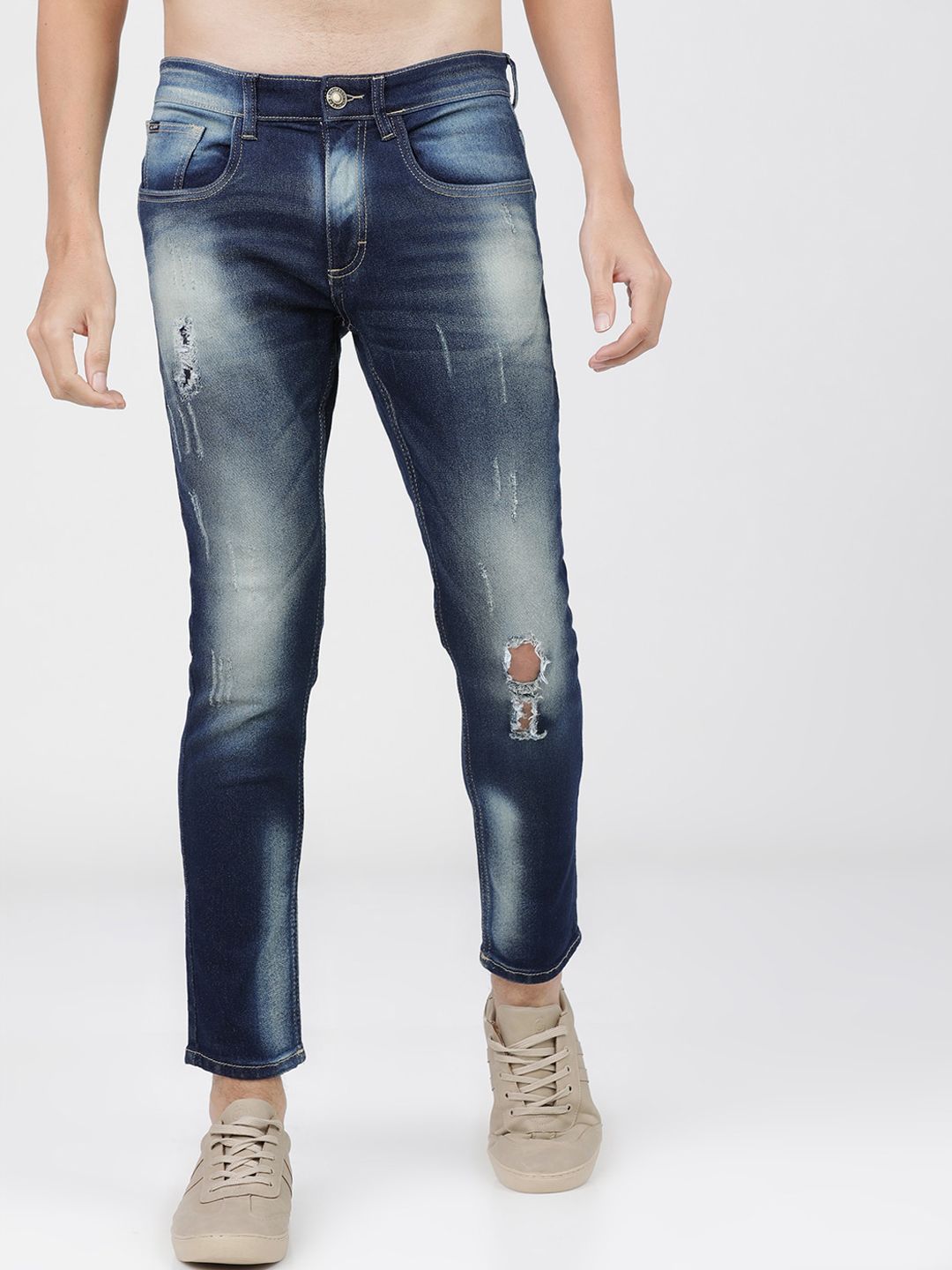 HIGHLANDER Men Blue Tapered Fit Mildly Distressed Heavy Fade Jeans