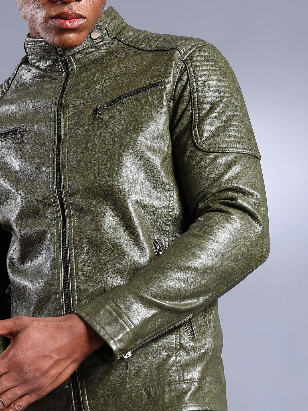 The Indian Garage Co Men Olive Green Solid Faux Biker Jacket