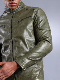 The Indian Garage Co Men Olive Green Solid Faux Biker Jacket
