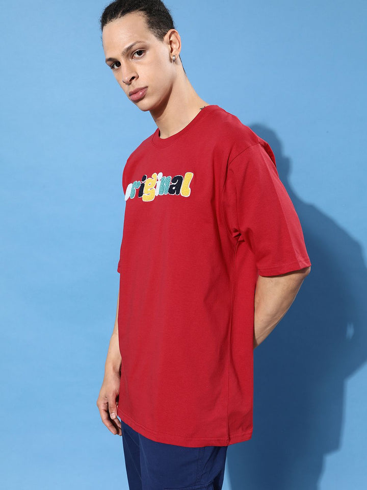 Difference of Opinion Men Red Typography Embroidered Oversized Pure Cotton Longline T-shirt