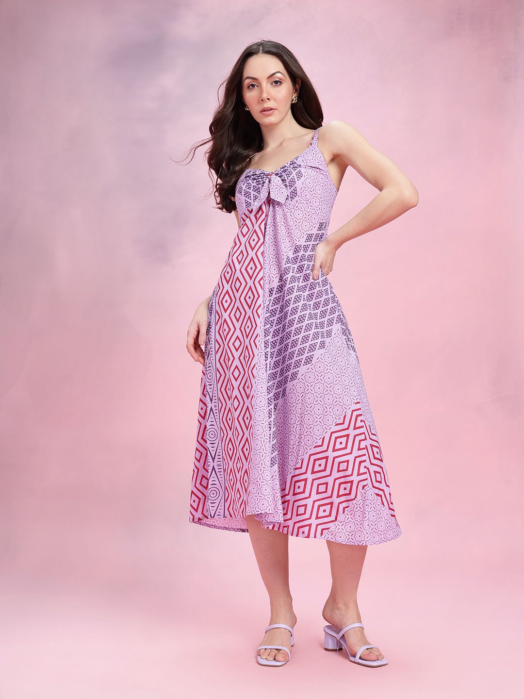 DressBerry Print Knot Detail Pure Cotton A-Line Midi Dress