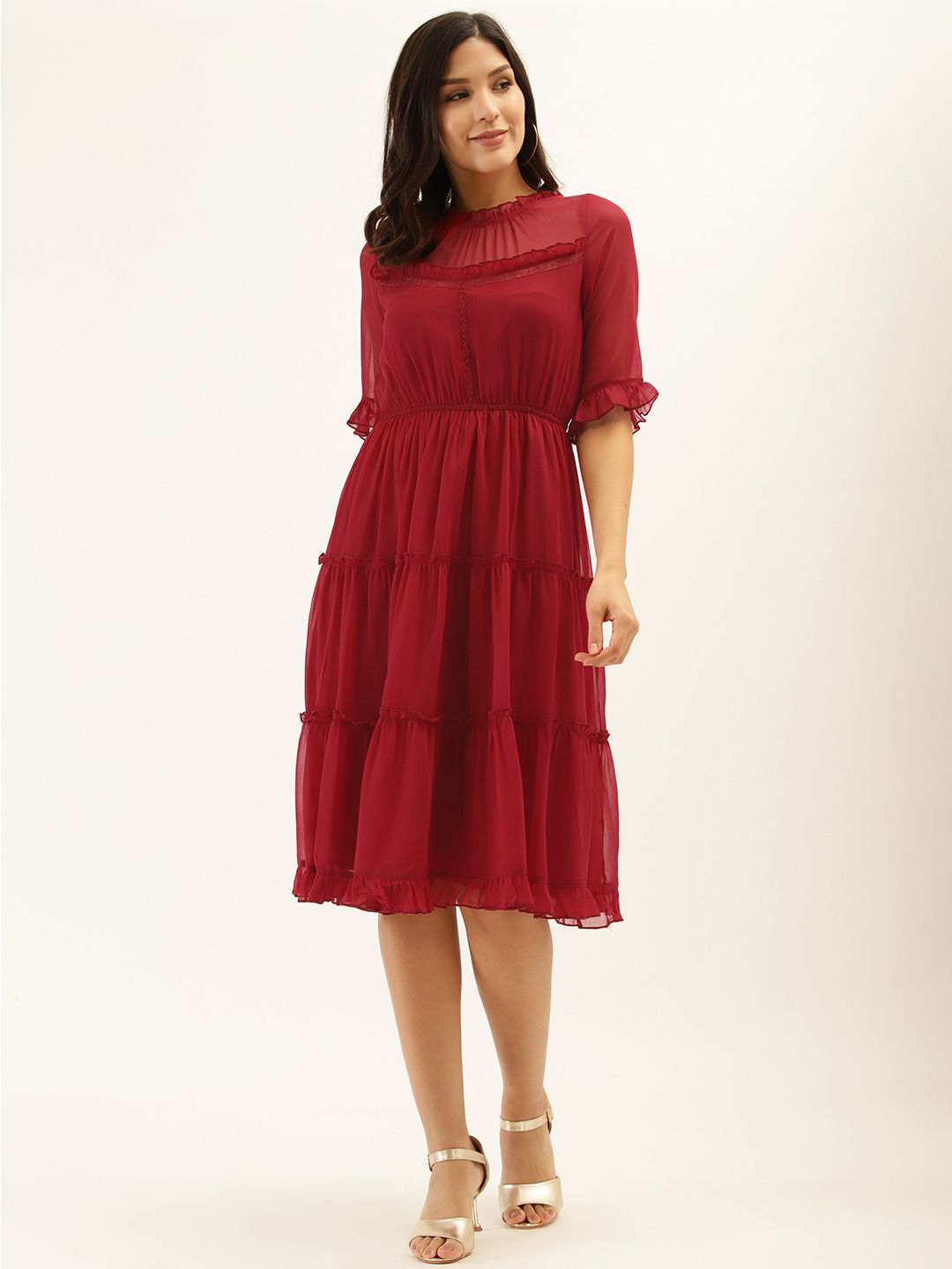 Antheaa Red Tiered Dress With Puff Sleeves