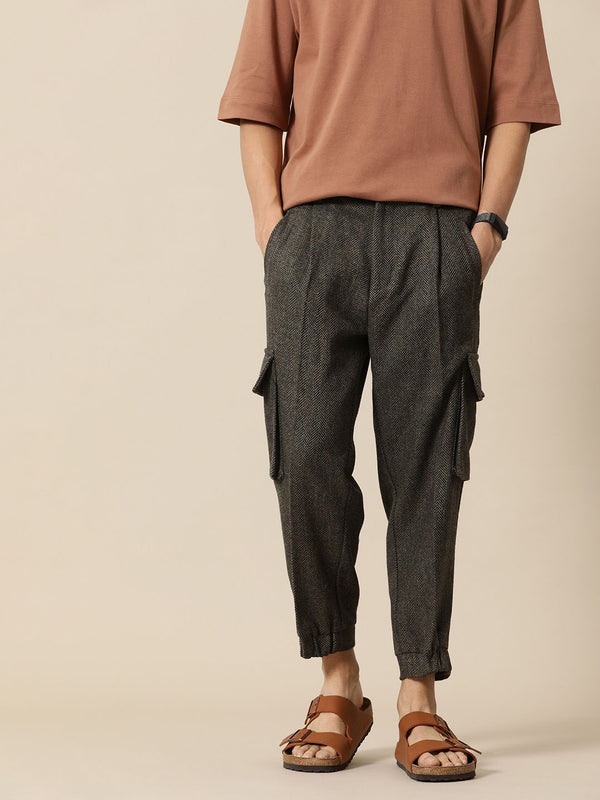 Mr Bowerbird Men Chevron Self Design Tweed Pleated Cargos Trousers