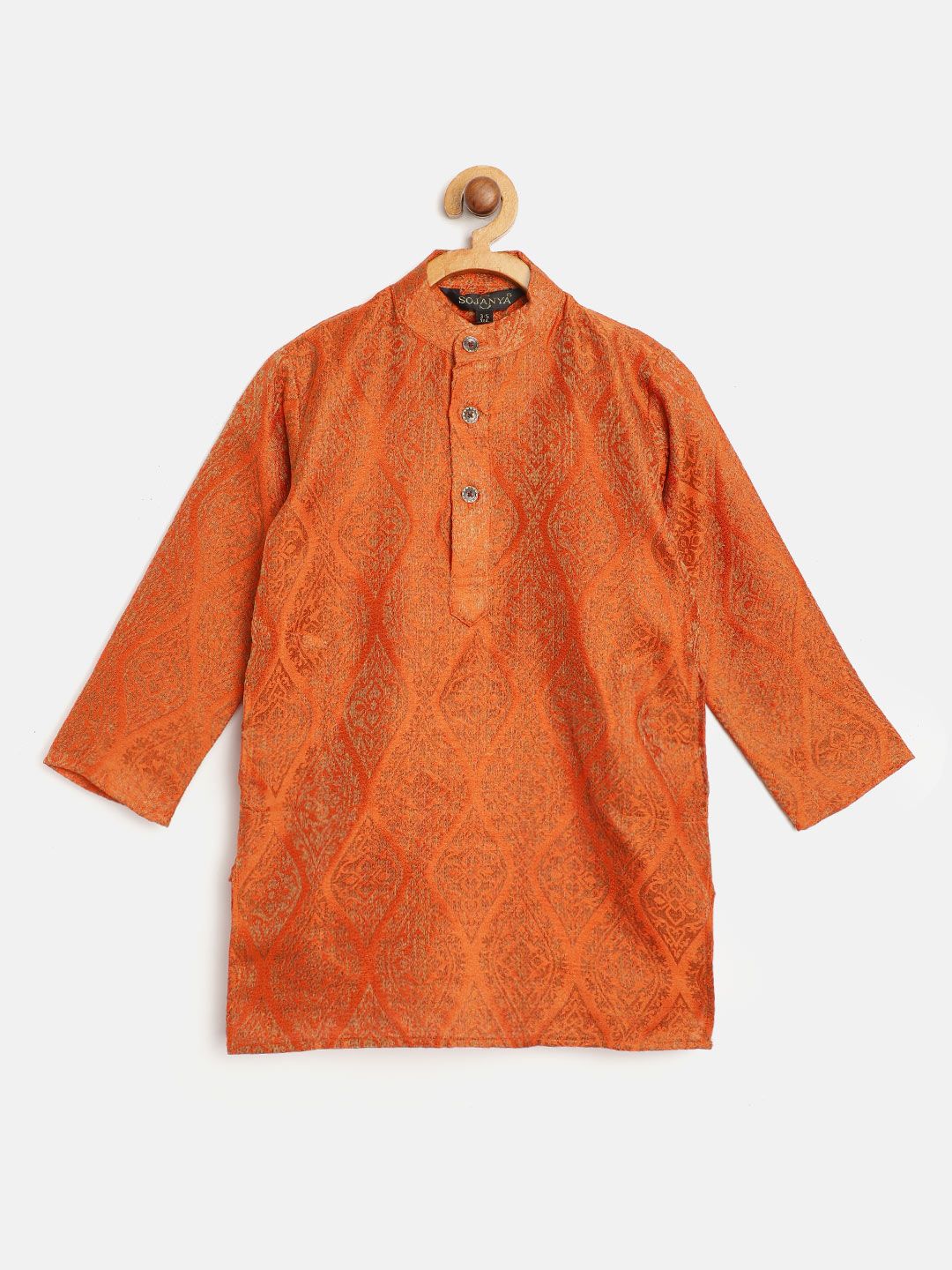 SOJANYA Boys Orange & Brown Ethnic Motifs Woven Design Jacquard Weave Band Collar Kurta