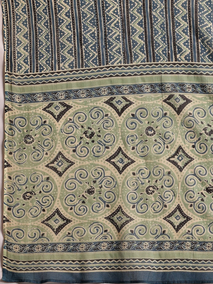 Libas Blue & Beige Ethnic Printed Sweetheart Neck Cotton Kurta with Trousers & Dupatta