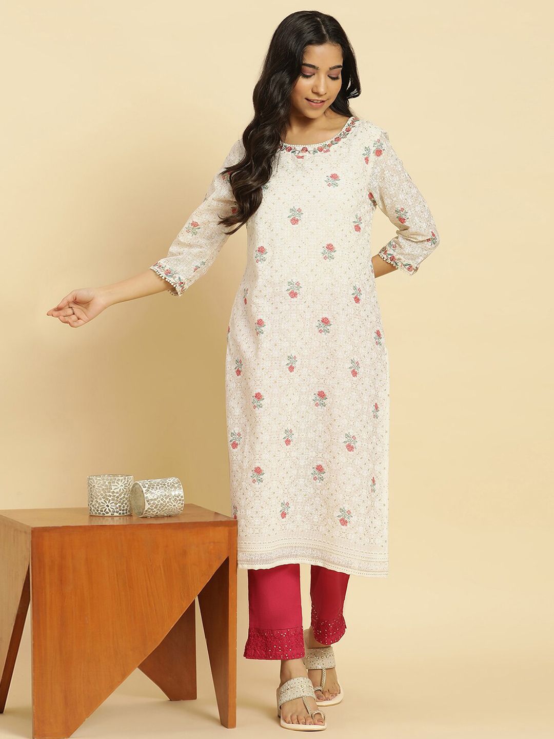 W Off White & Red Floral Printed Thread Work Boat Neck A-Line Kurta