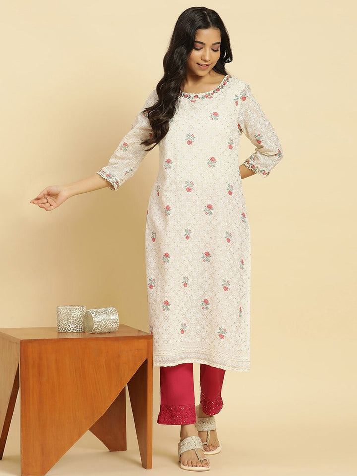 W Off White & Red Floral Printed Thread Work Boat Neck A-Line Kurta