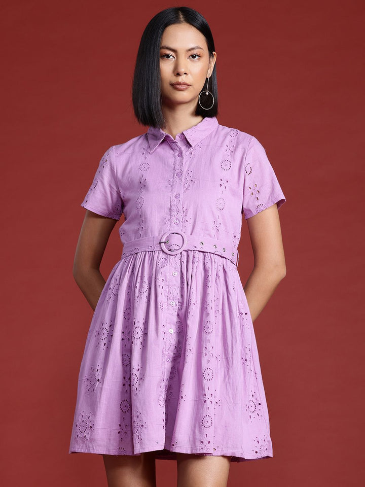 all about you Pure Cotton Schiffli A-Line Dress with Belt