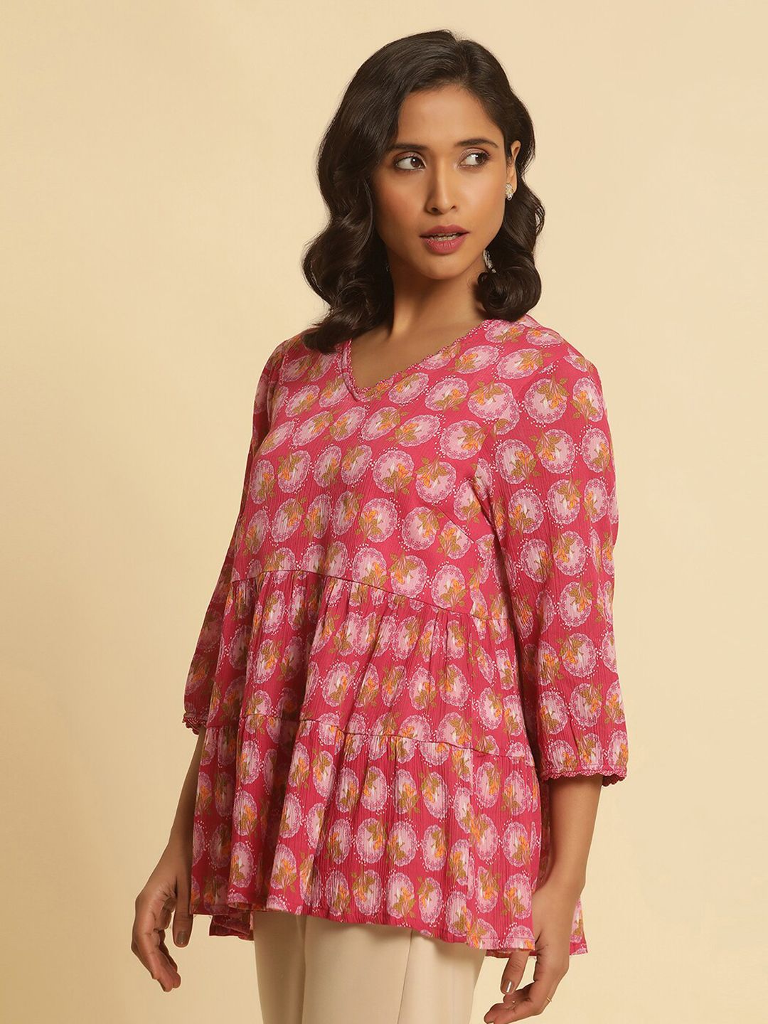 W Floral Printed V-Neck Pure Cotton Top