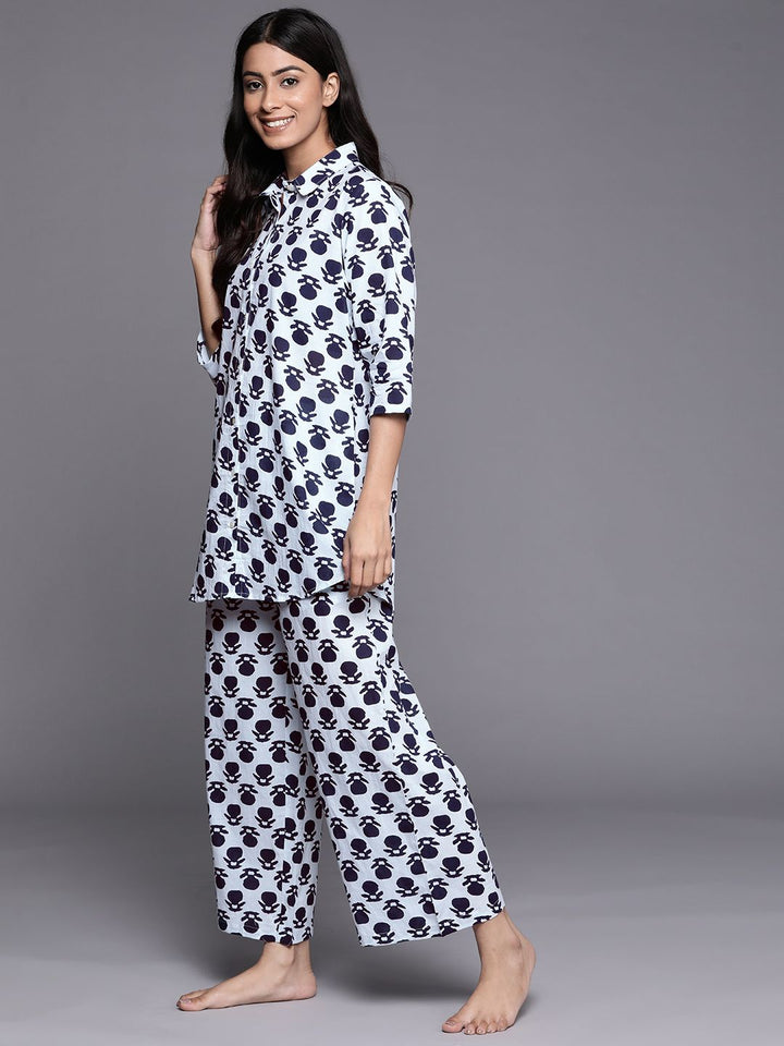 Libas Women White & Navy Blue Printed Pure Cotton Night suit