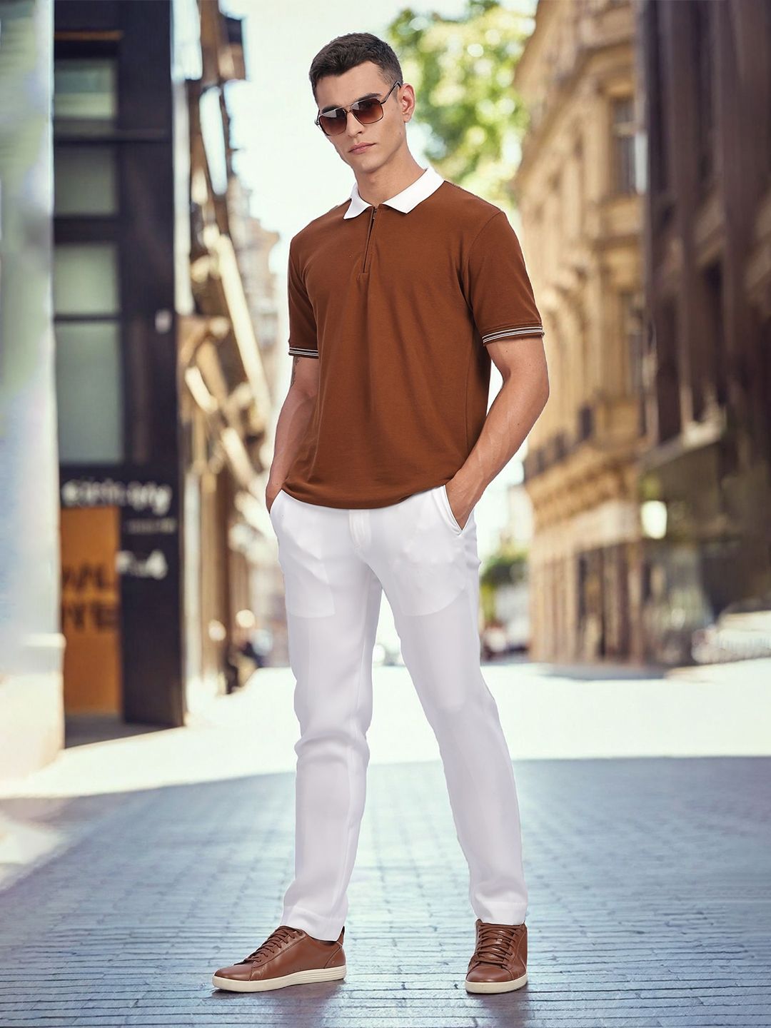 ADRO Men Solid Polo Collar Cotton T-shirt