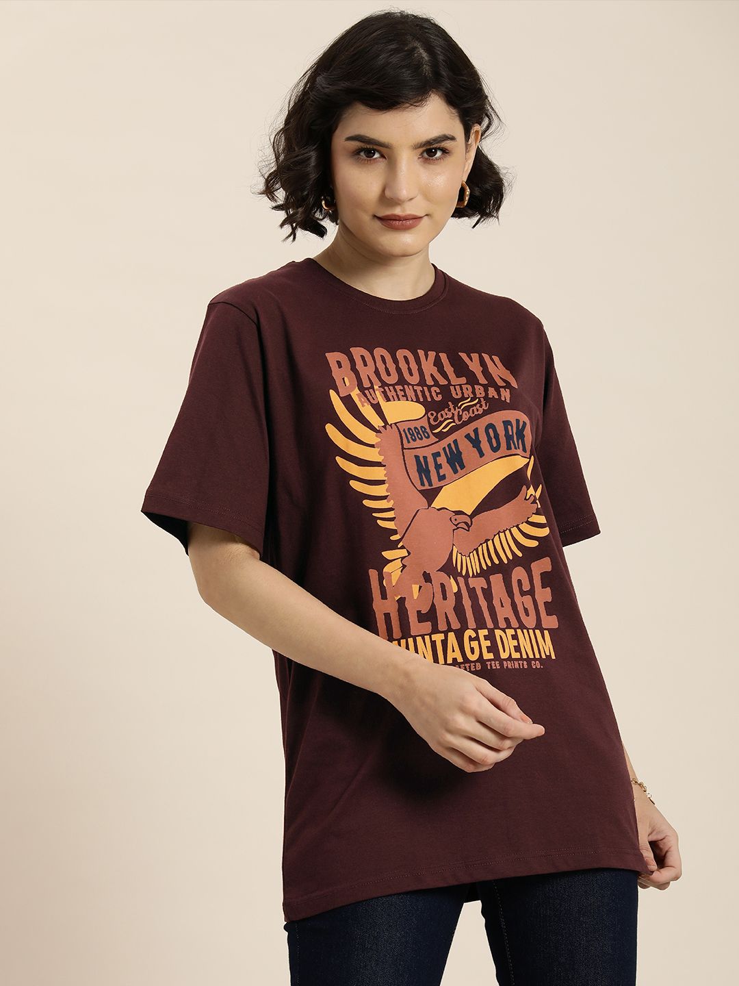DILLINGER Women Maroon & Peach-Coloured Typography Pure Cotton Oversized T-shirt