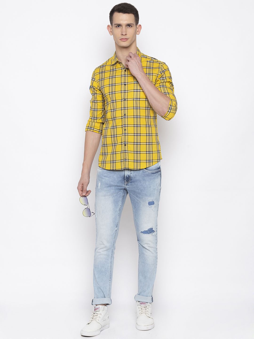 SPYKAR Men Yellow & Black Slim Fit Checked Casual Shirt
