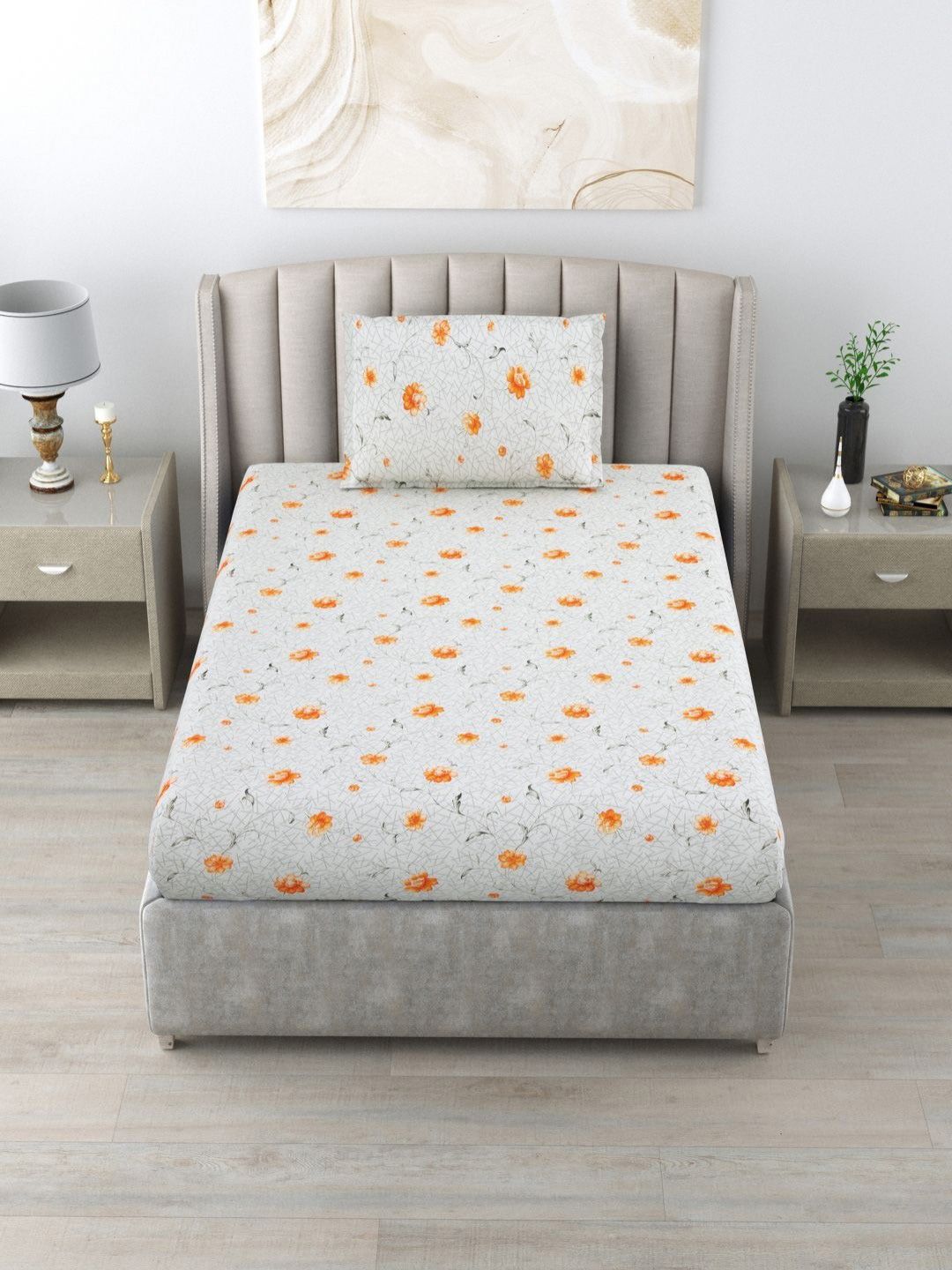 BOMBAY DYEING Dream Lover Grey Floral Cotton 104 TC Single Bedsheet Set 2.24 x 1.4 m