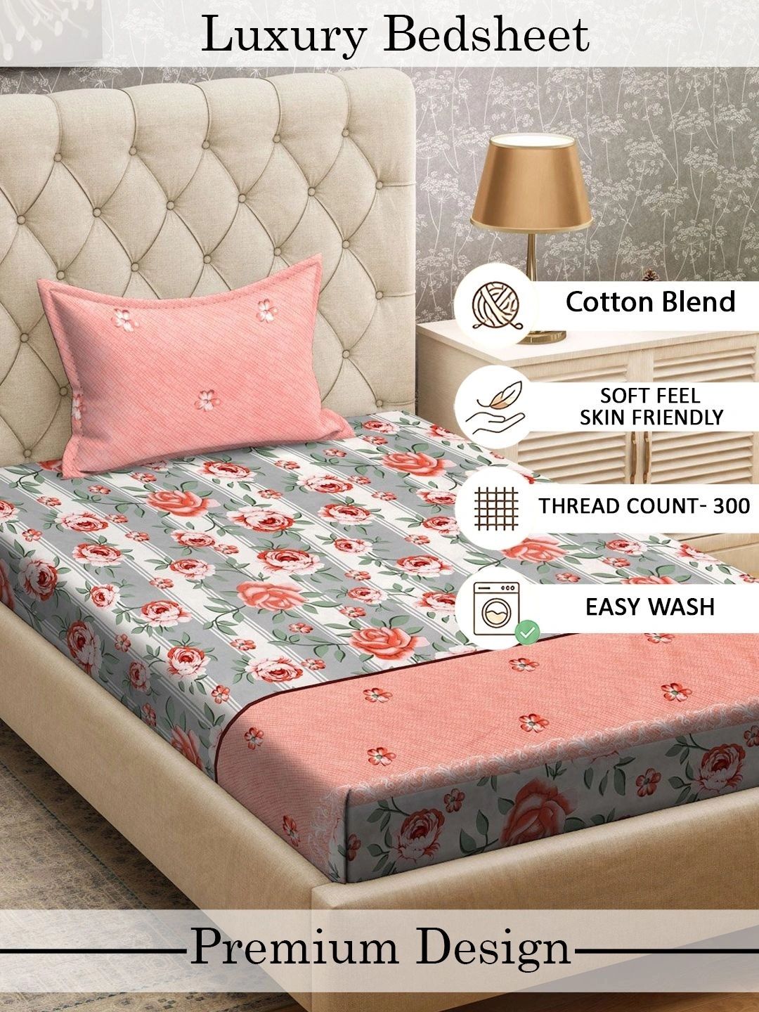 Myntra Elegant Homes White & Peach-Coloured Floral 300 TC Single Bedsheet with 1 Pillow Covers