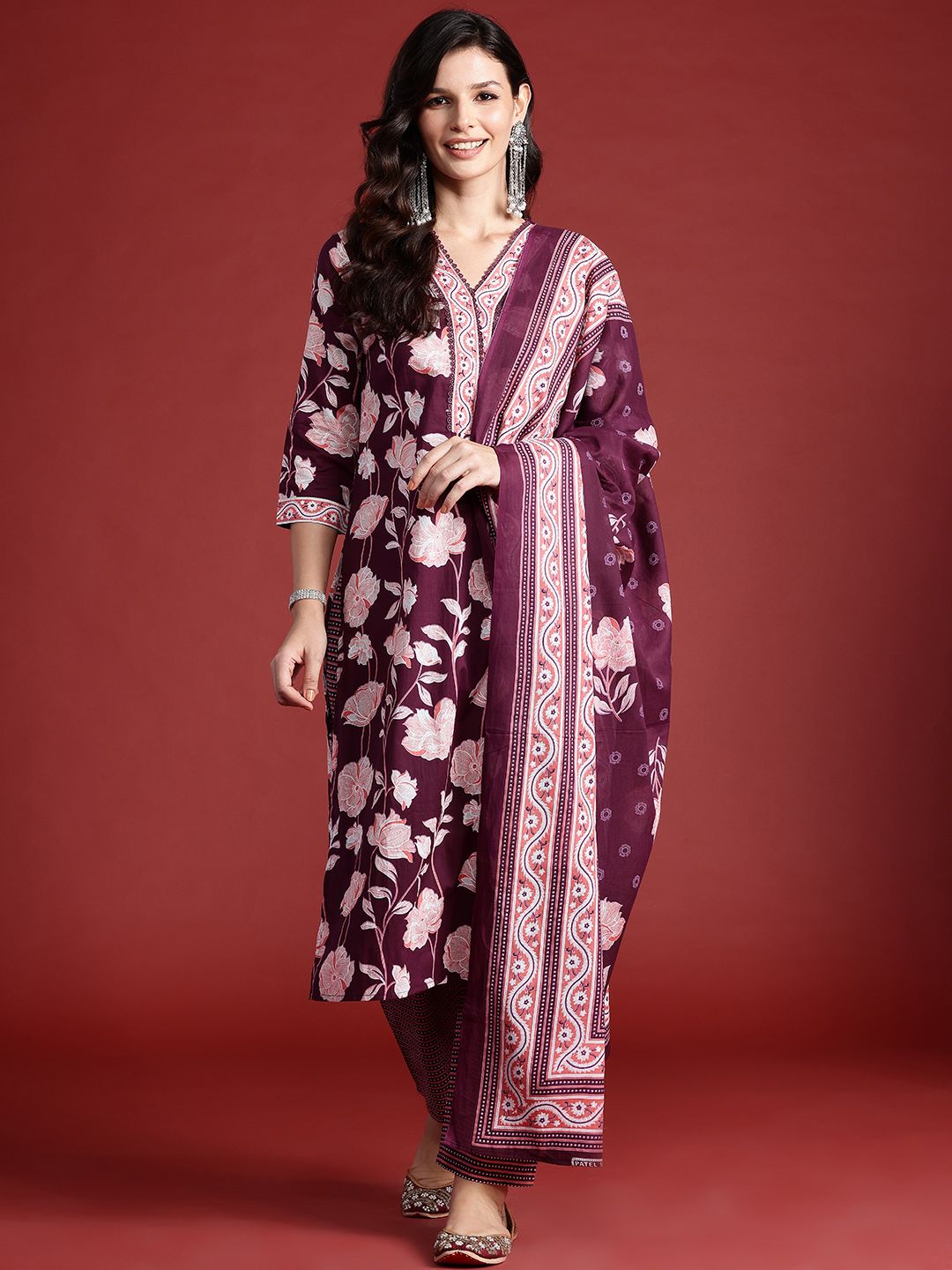 Indo Era Floral Printed Pure Cotton Kurta With Trousers & Dupatta