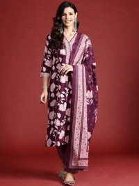Indo Era Floral Printed Pure Cotton Kurta With Trousers & Dupatta