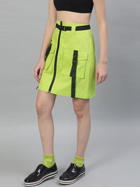 STREET 9 Women Fluorescent Green Solid Straight Pure Cotton Skirt