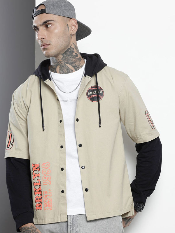 The Indian Garage Co Pure Cotton Doctor Sleeves Printed Hooded Relaxed Casual Shirt