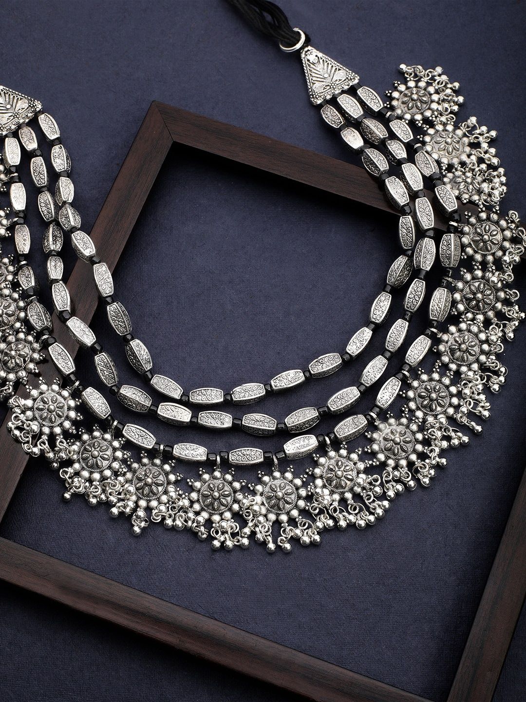 Rubans Oxidized Silver Plated Multi Layered Floral Design Ghungroo Beaded Necklace