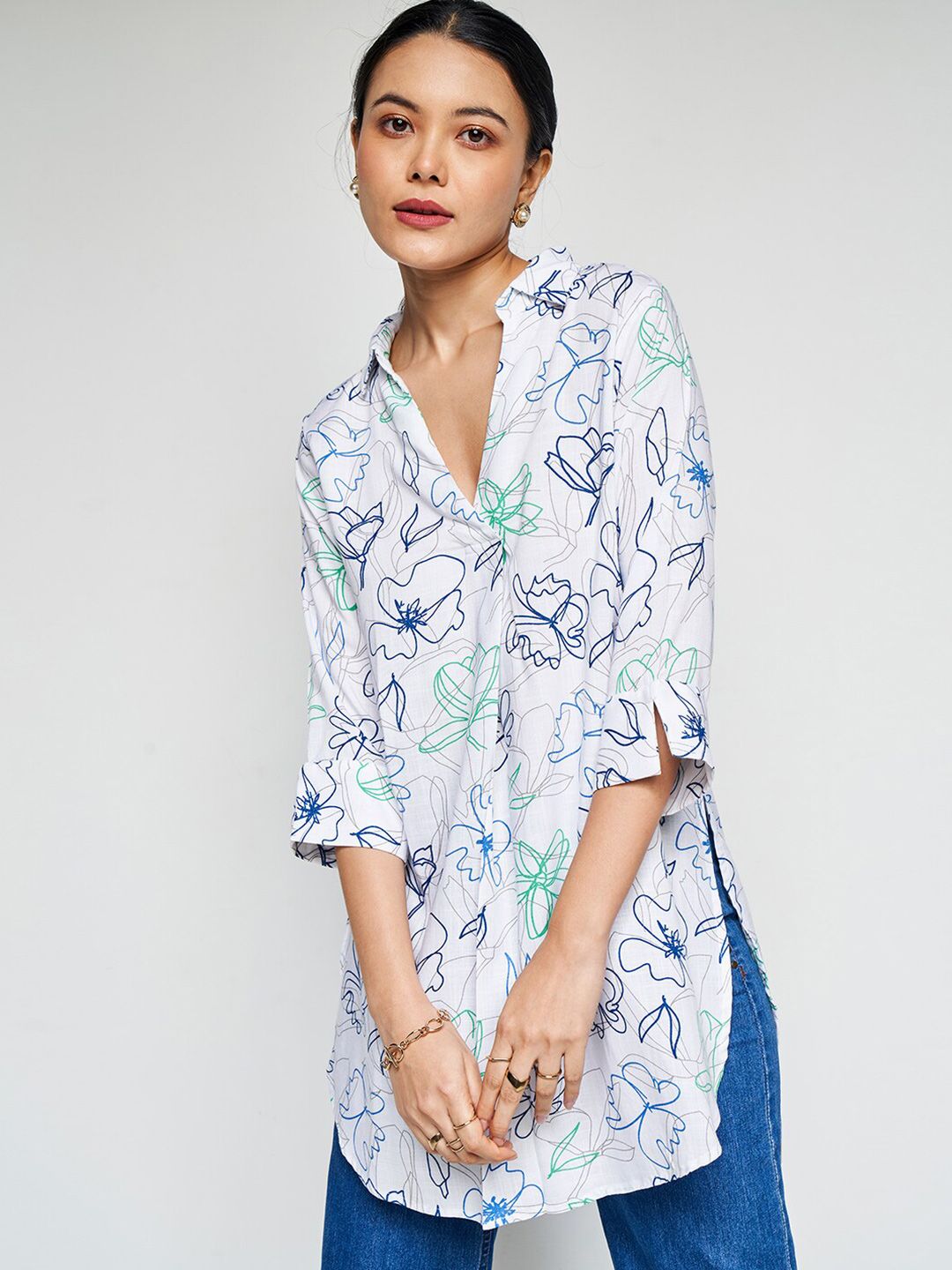 AND Print Mandarin Collar Roll-Up Sleeves Shirt Style Top