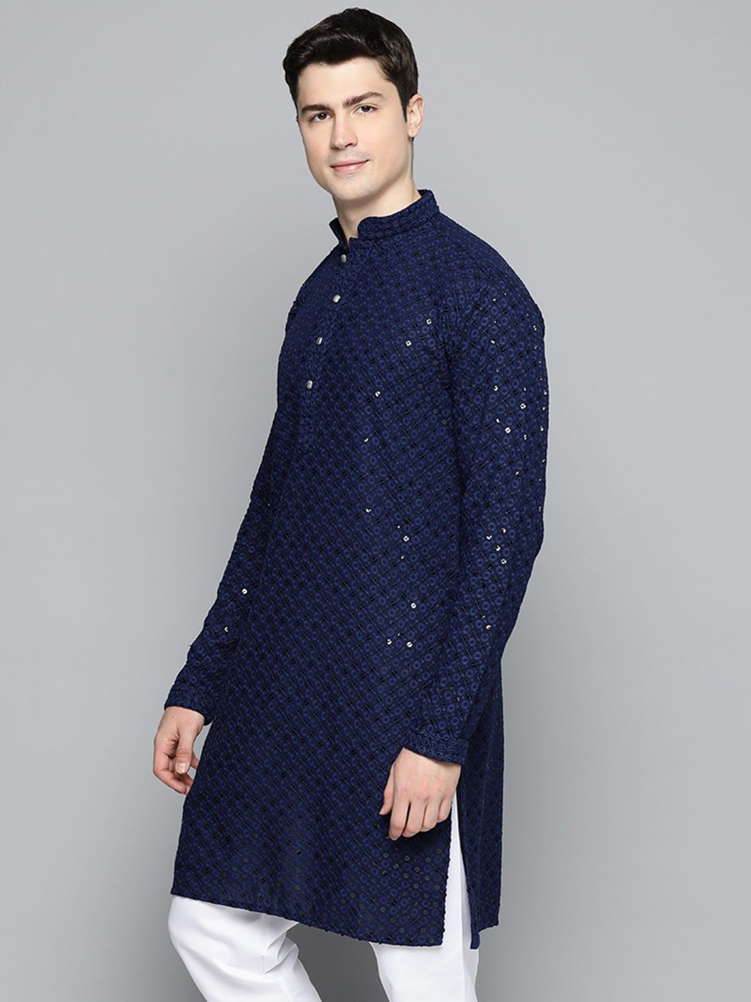 Jompers Men Ethnic Motifs Mirror Work Cotton Kurta