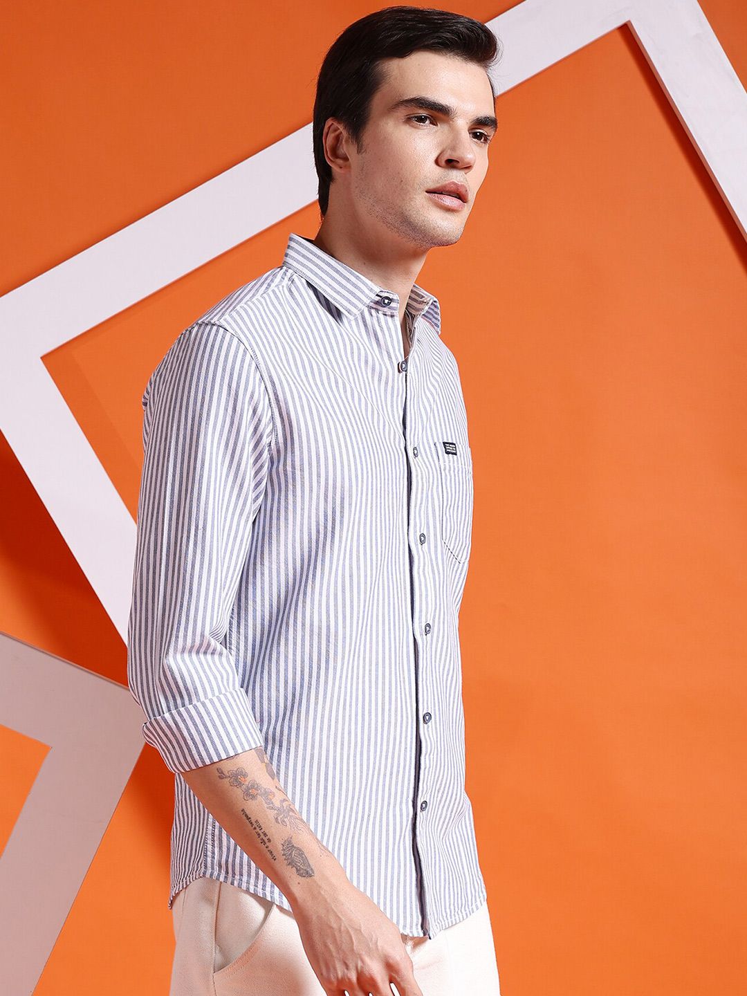 The Indian Garage Co Navy Blue Slim Fit Striped Pure Cotton Casual Shirt