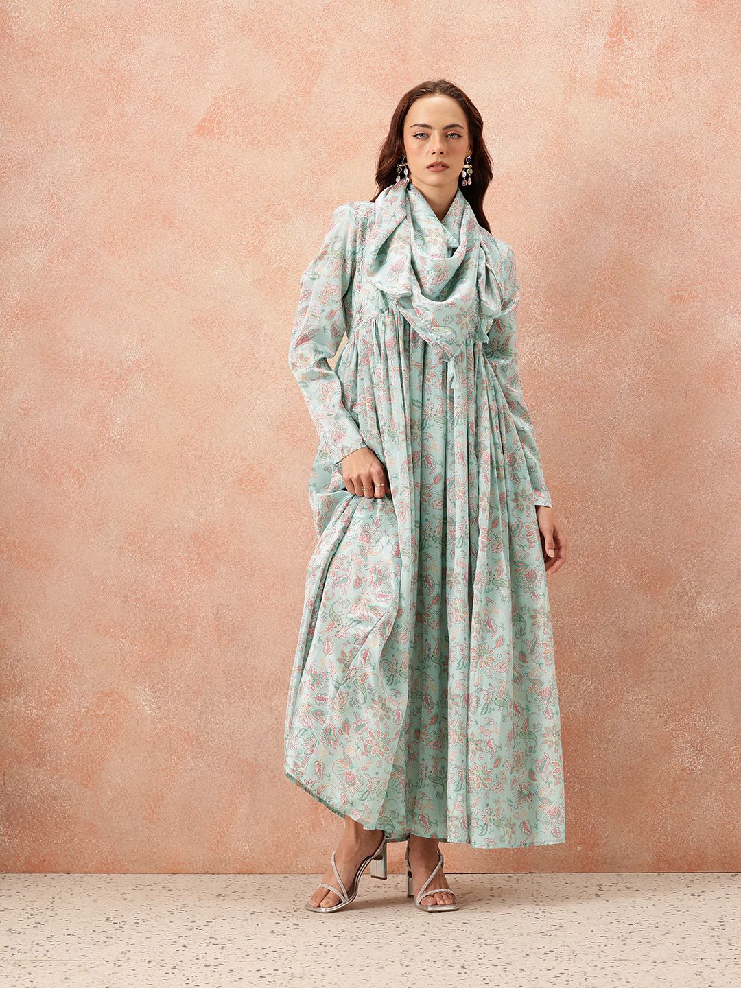 all about you Ethnic Motifs Printed Satin-Finish Festive Maxi Empire Dress with Scarf