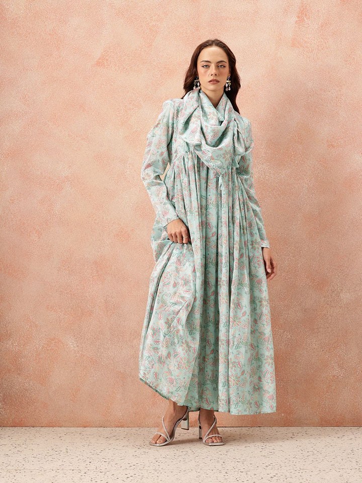 all about you Ethnic Motifs Printed Satin-Finish Festive Maxi Empire Dress with Scarf
