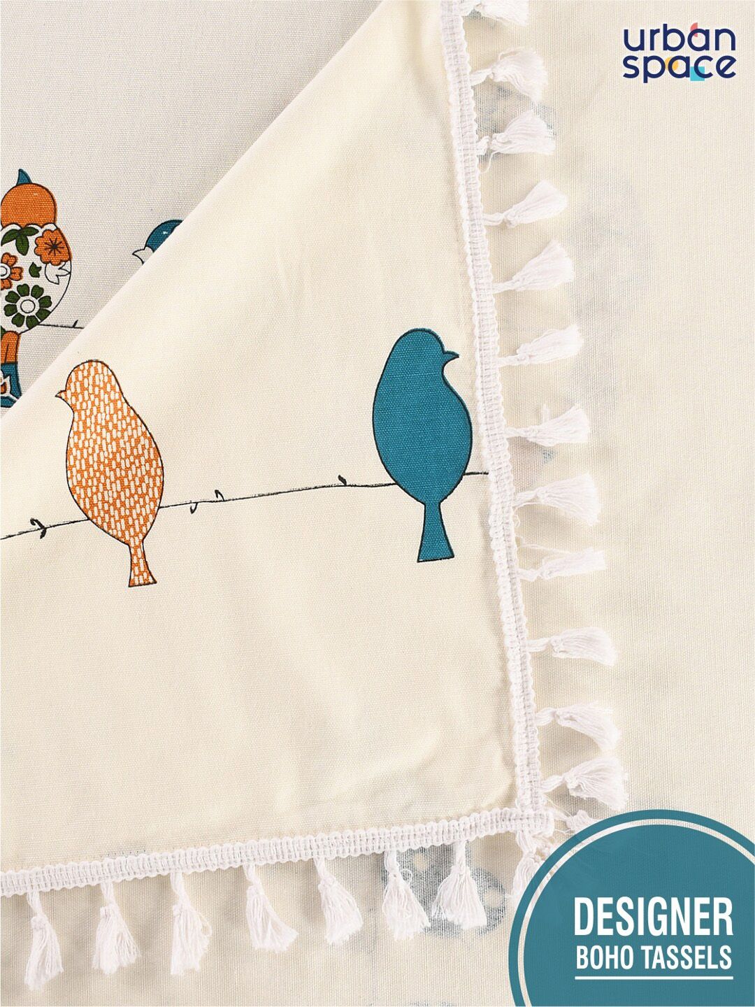 URBAN SPACE Off White Printed Pure Cotton Square Table Cover