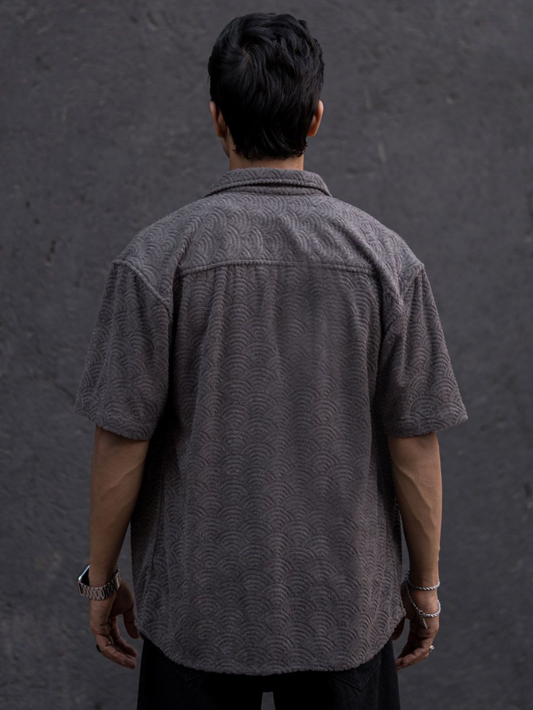Powerlook Grey India Slim Oversized Fit Jacquard Self Design Casual Shirt