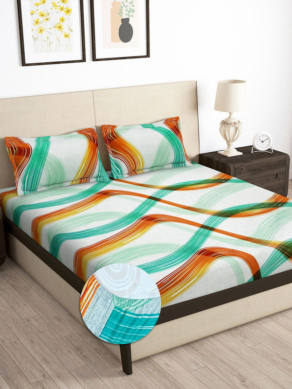 Story@home Arena White & Teal Printed 180 TC Fitted Queen Bedsheet With 2 Pillow Covers