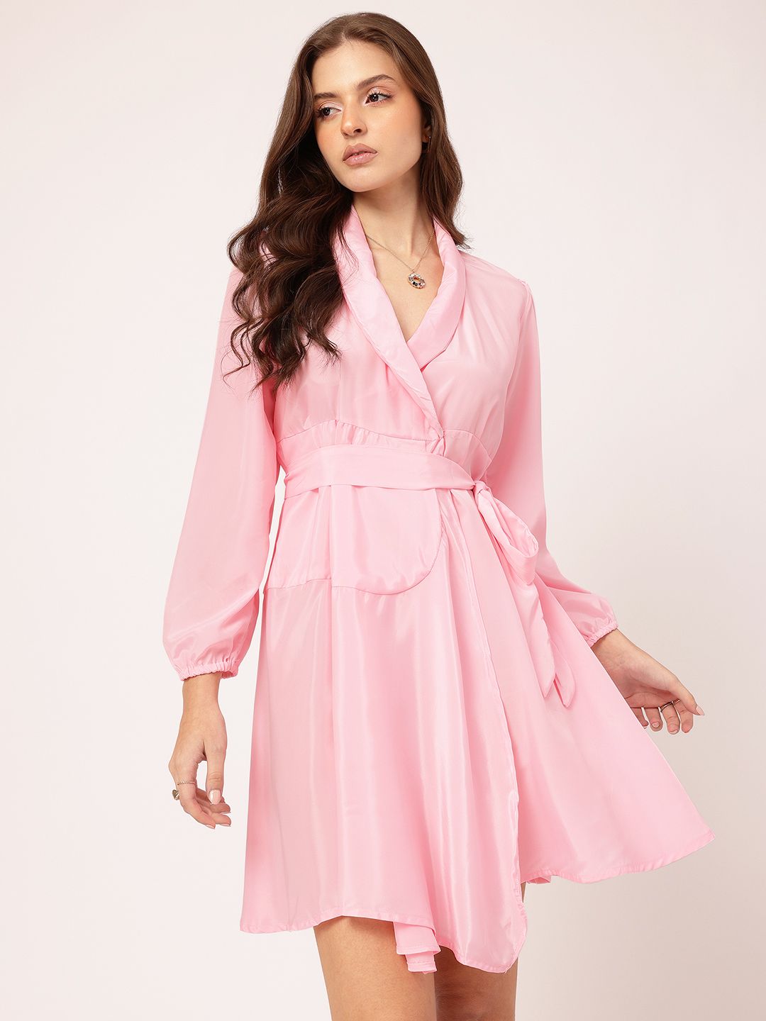 DressBerry Glow & Glam Shawl Collar Puff Sleeve Wrap Belted Mini Dress
